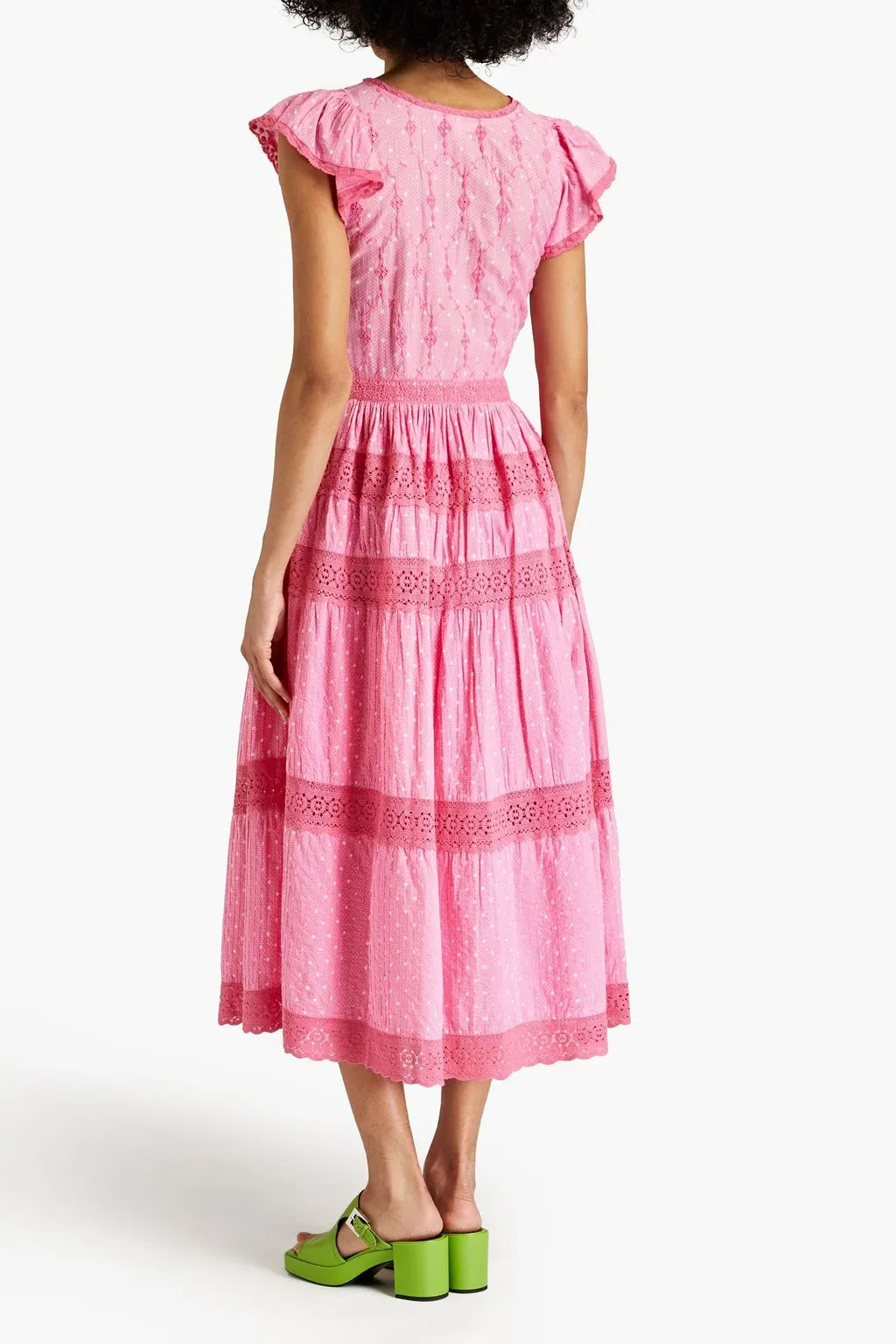 Abena crochet cotton dot midi dress with lace trim LOVESHACKFANCY, pink