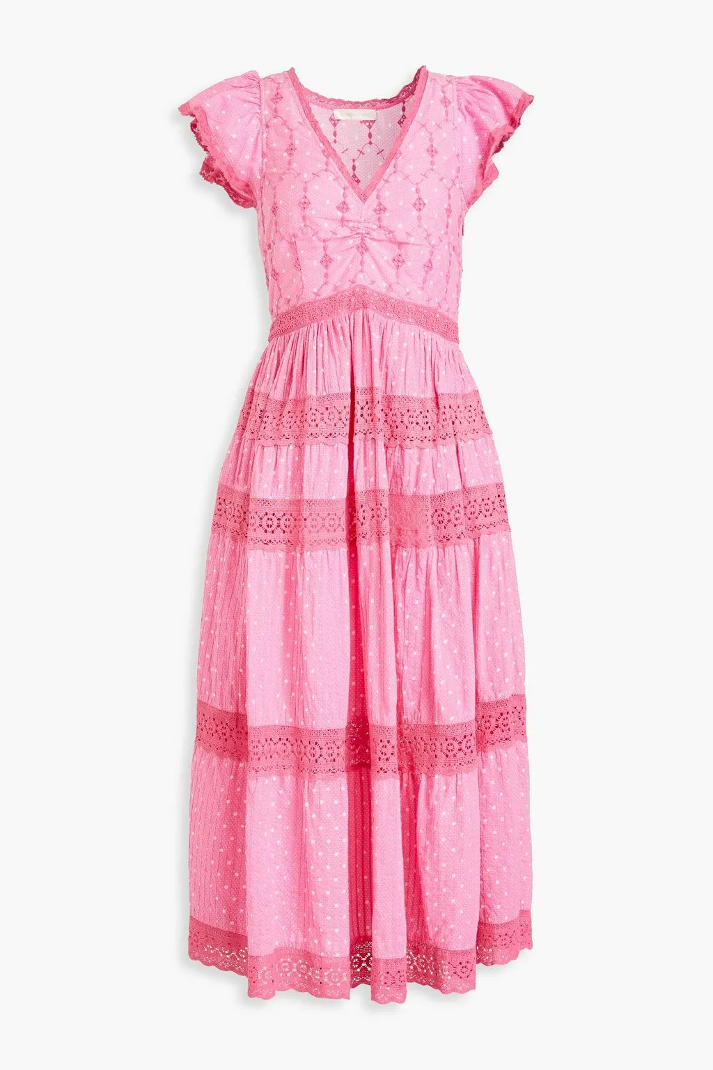 Abena crochet cotton dot midi dress with lace trim LOVESHACKFANCY, pink