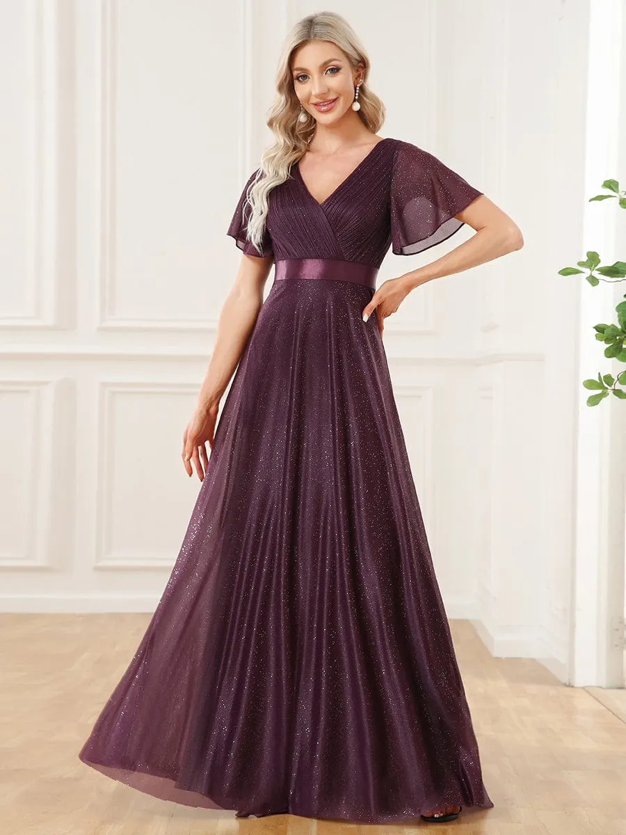 Adorable Plunging V-Neck Ribbon Belt Evening Gown