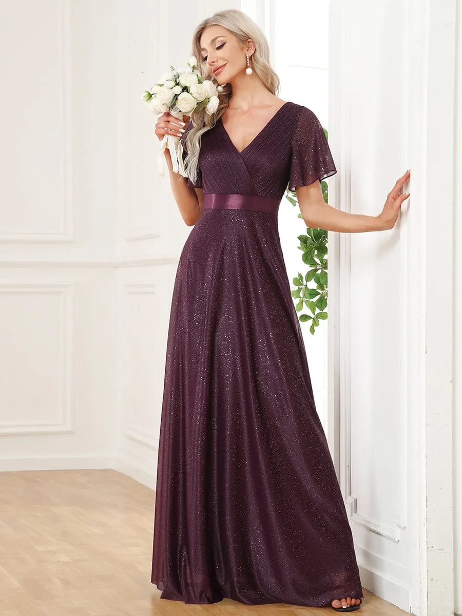 Adorable Plunging V-Neck Ribbon Belt Evening Gown