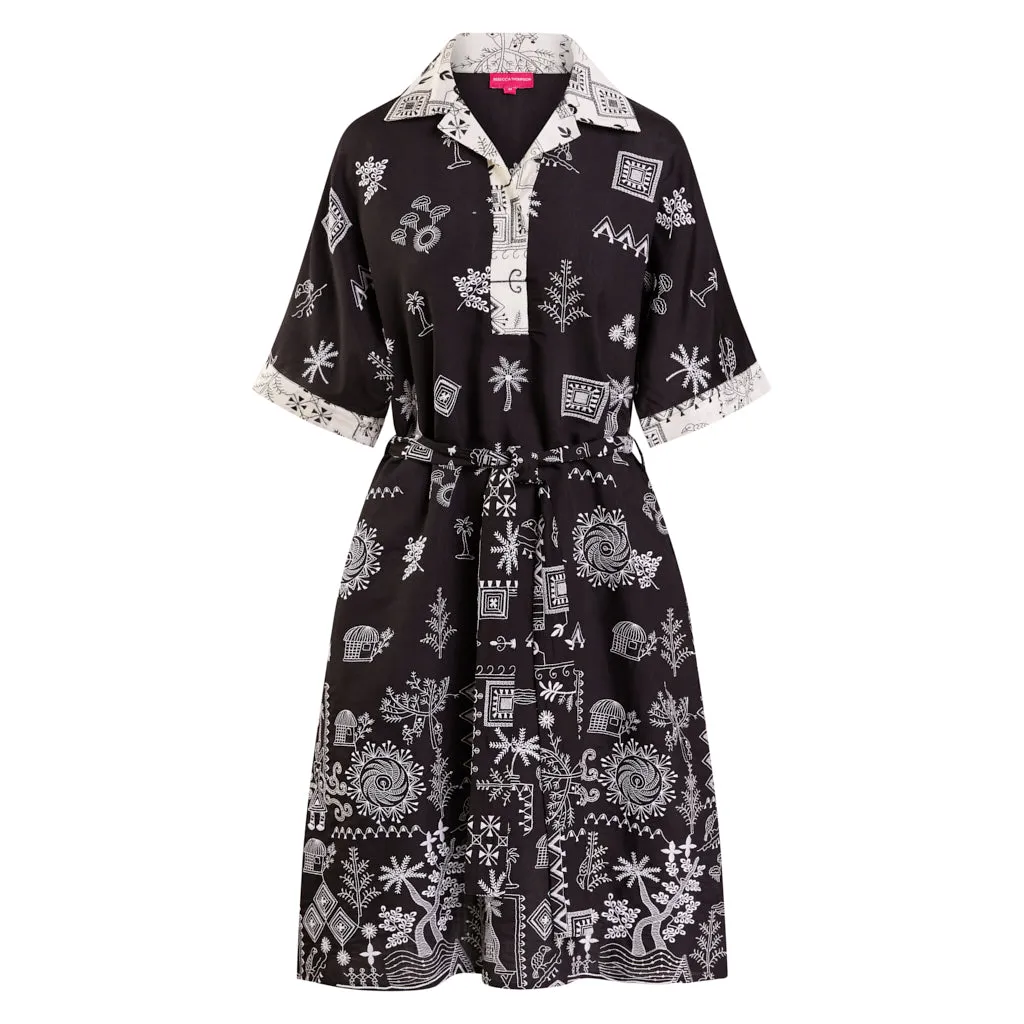 Africa Embroidered Silk /Cotton Black Shirt Dress