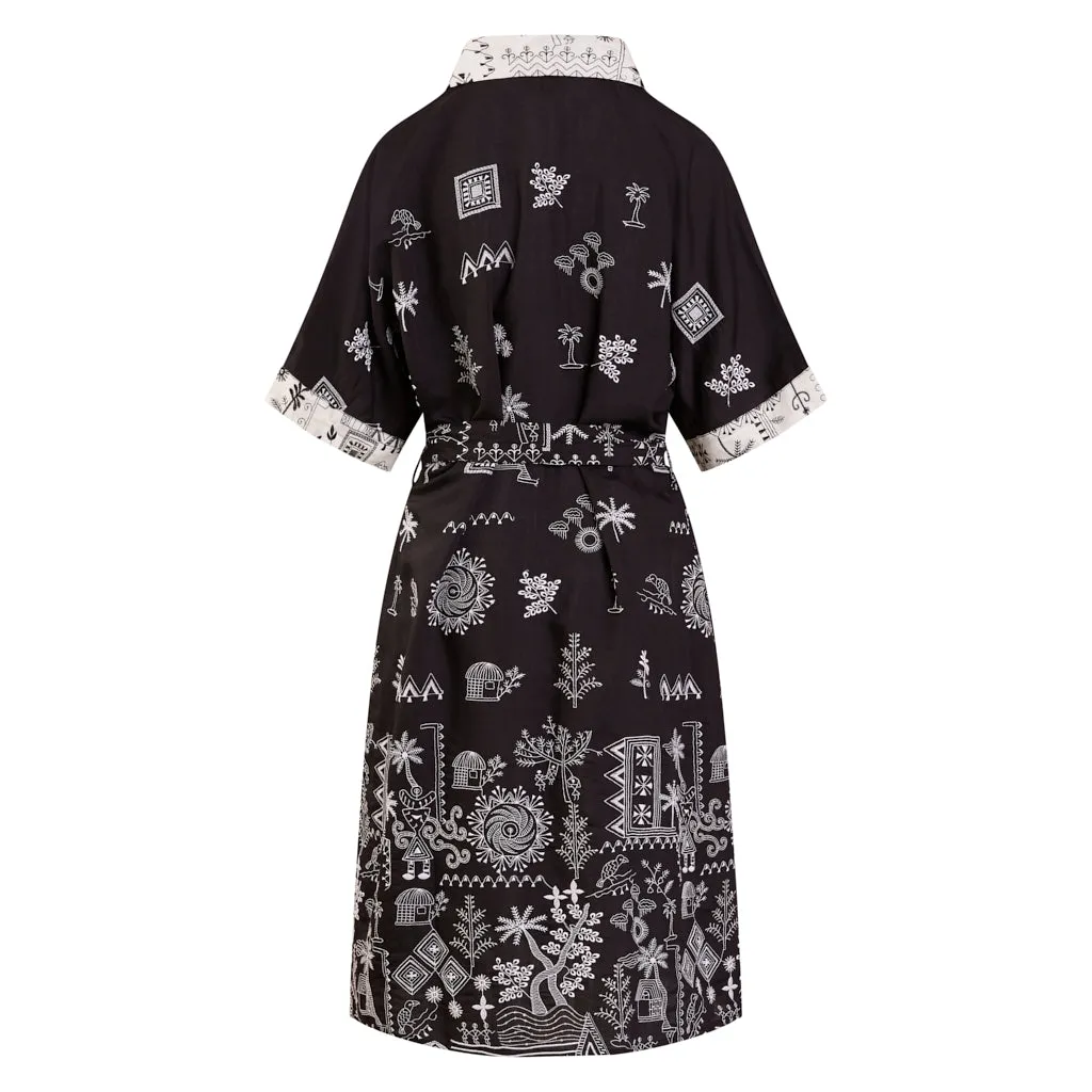 Africa Embroidered Silk /Cotton Black Shirt Dress