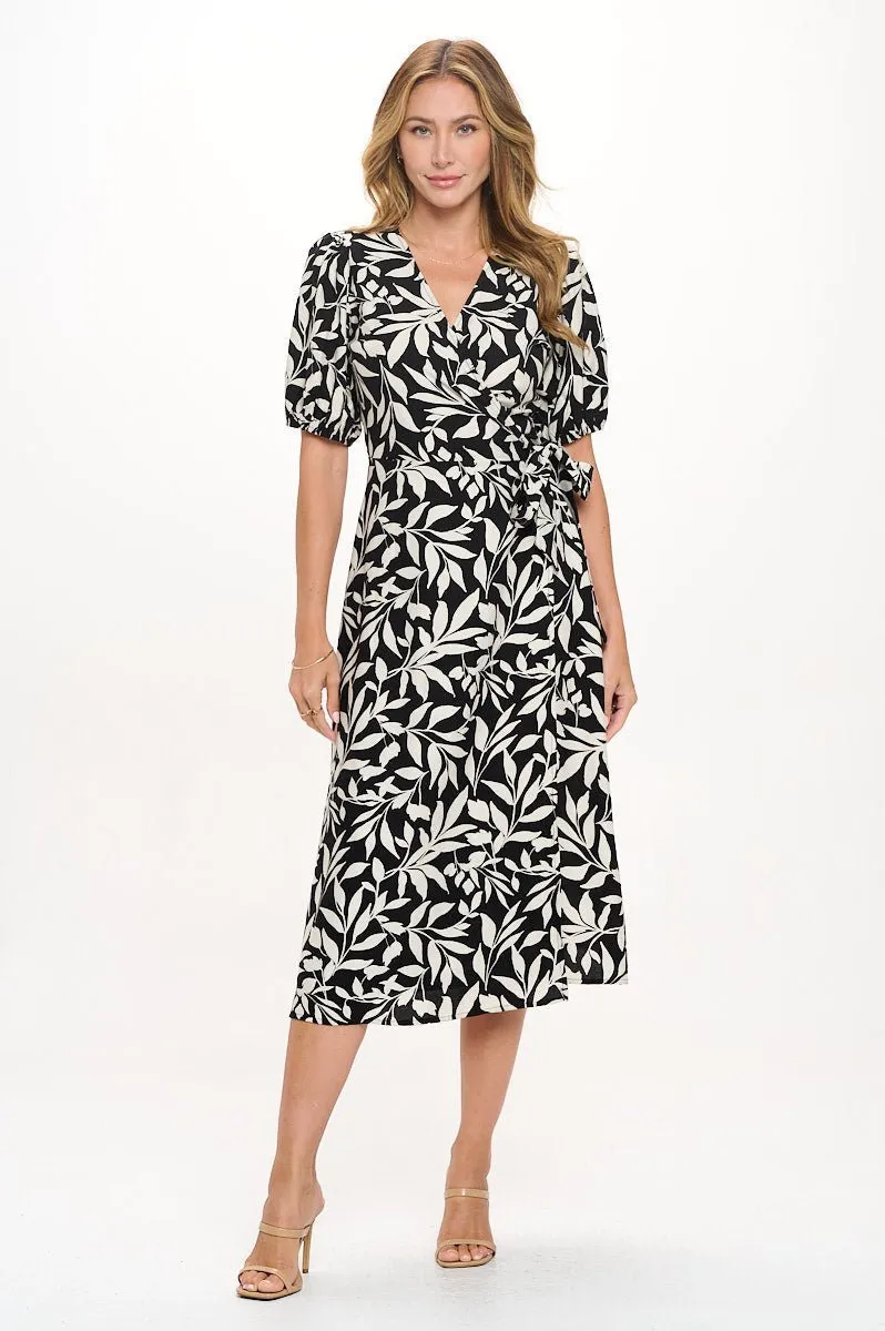 Alexandria Elbow Puff Sleeve Full-Wrap A-Line Midi Dress