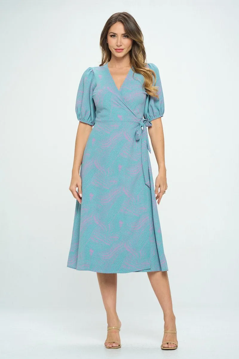 Alexandria Elbow Puff Sleeve Full-Wrap A-Line Midi Dress