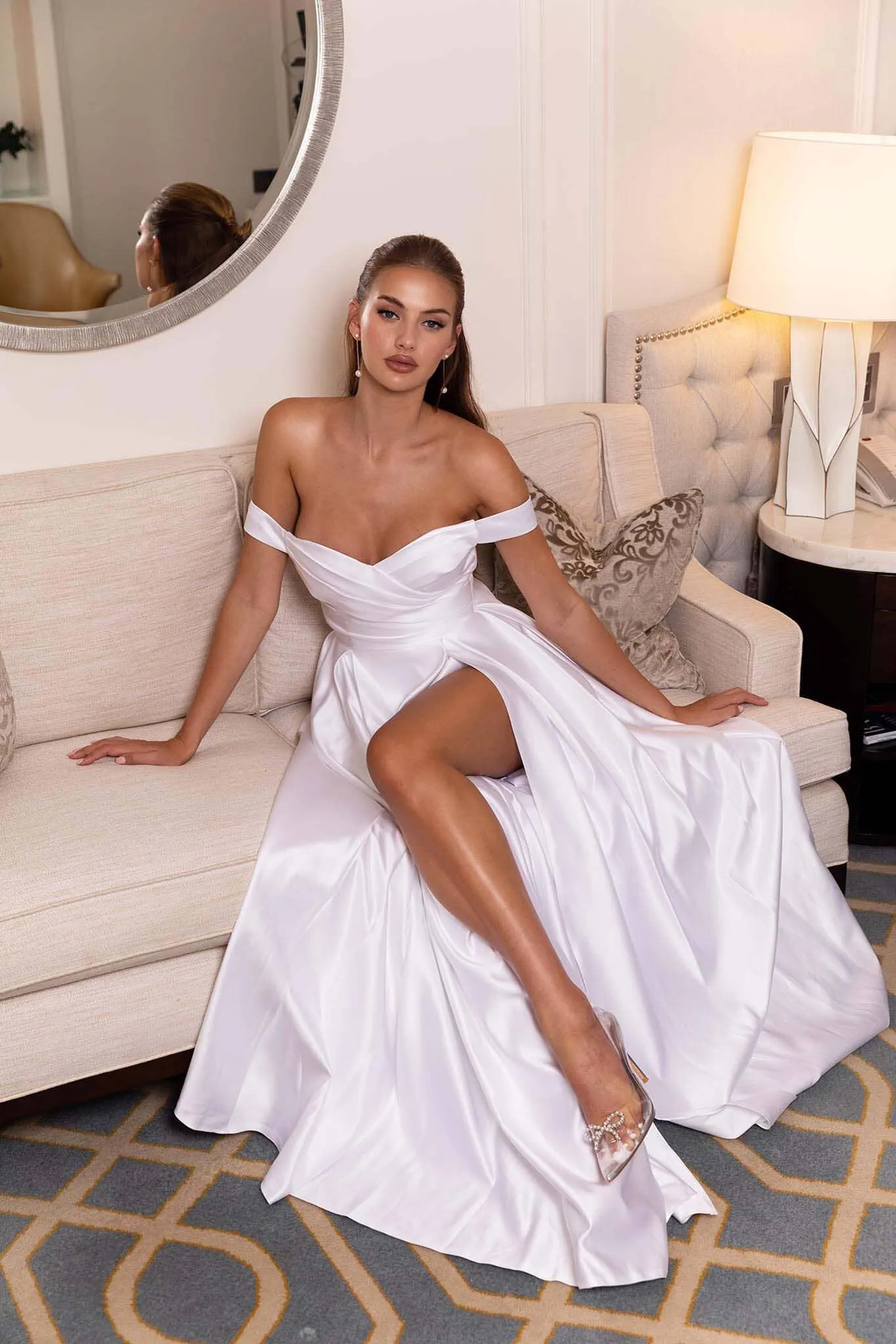 AUDREY Off-Shoulder A-line Satin Gown - White