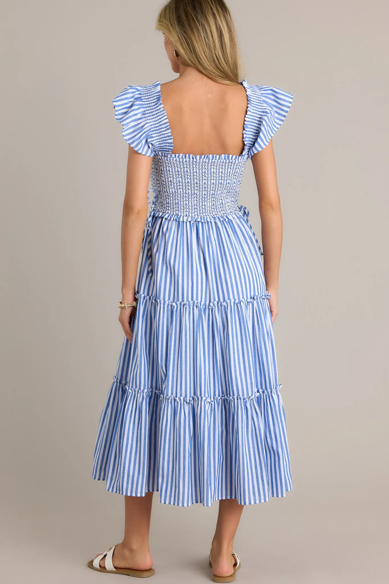 Bayside Stroll 100% Cotton Blue Stripe Smocked Midi Dress