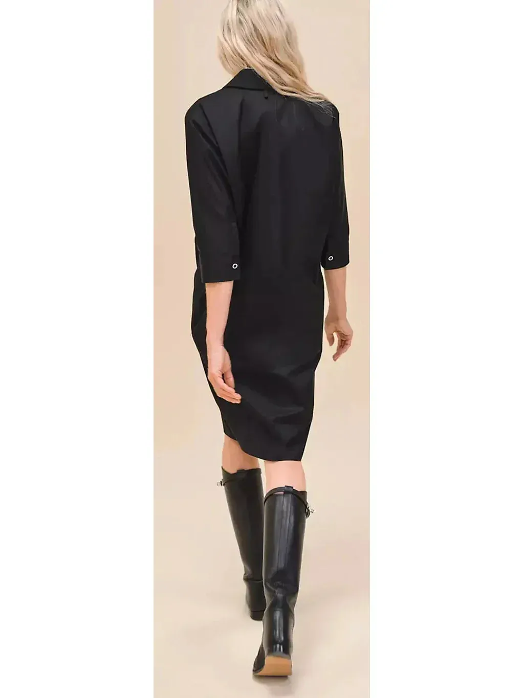 Belted Shirt Dress in Cotton Twill, Black