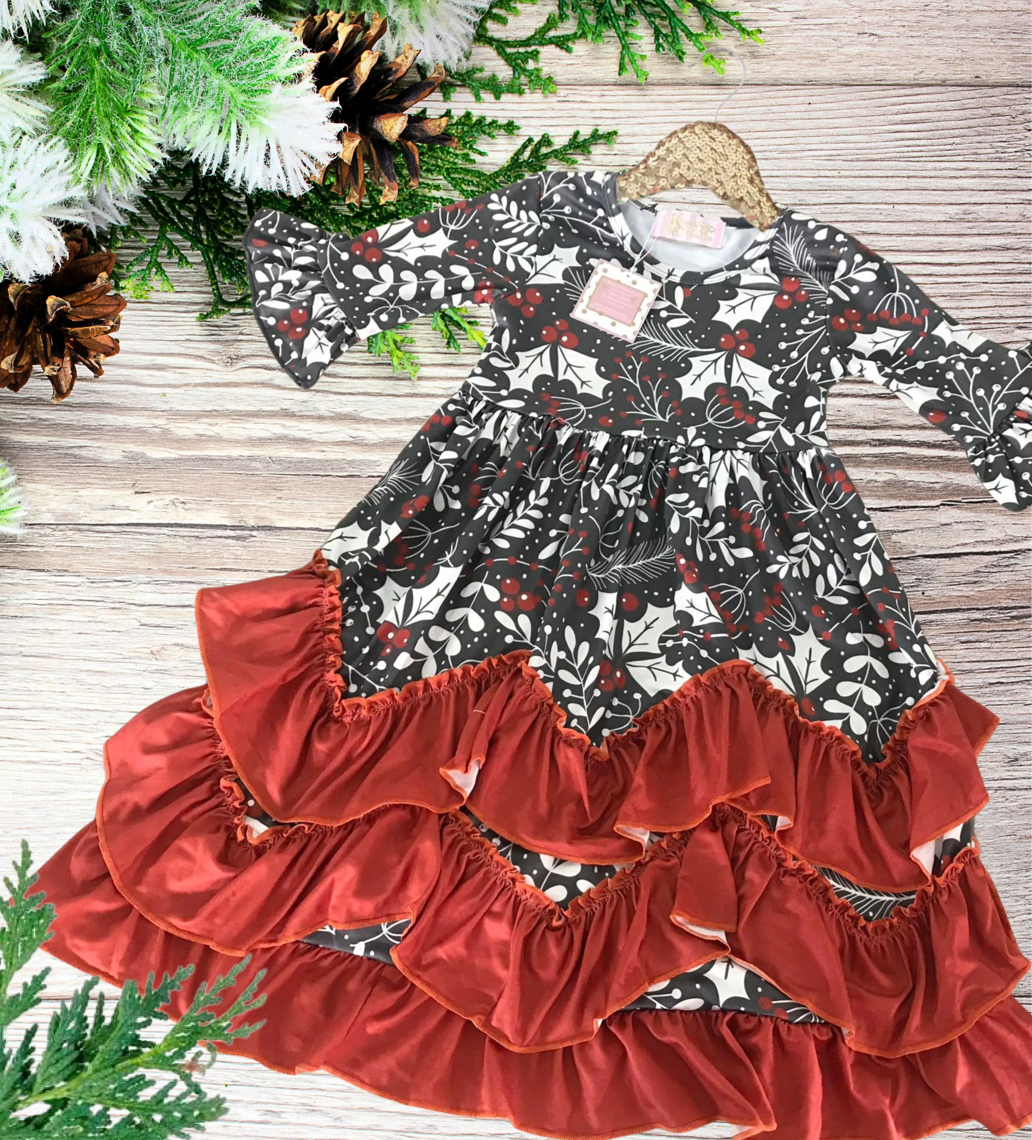 BEST SELLER - Girls Long Ruffle Holiday/Christmas  Dresses - Grey & Red Holly Berry