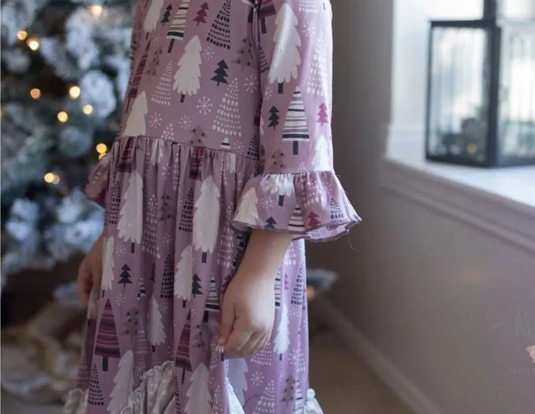 BEST SELLER - Girls Long Ruffle Holiday/Christmas  Dresses - Pink Tree