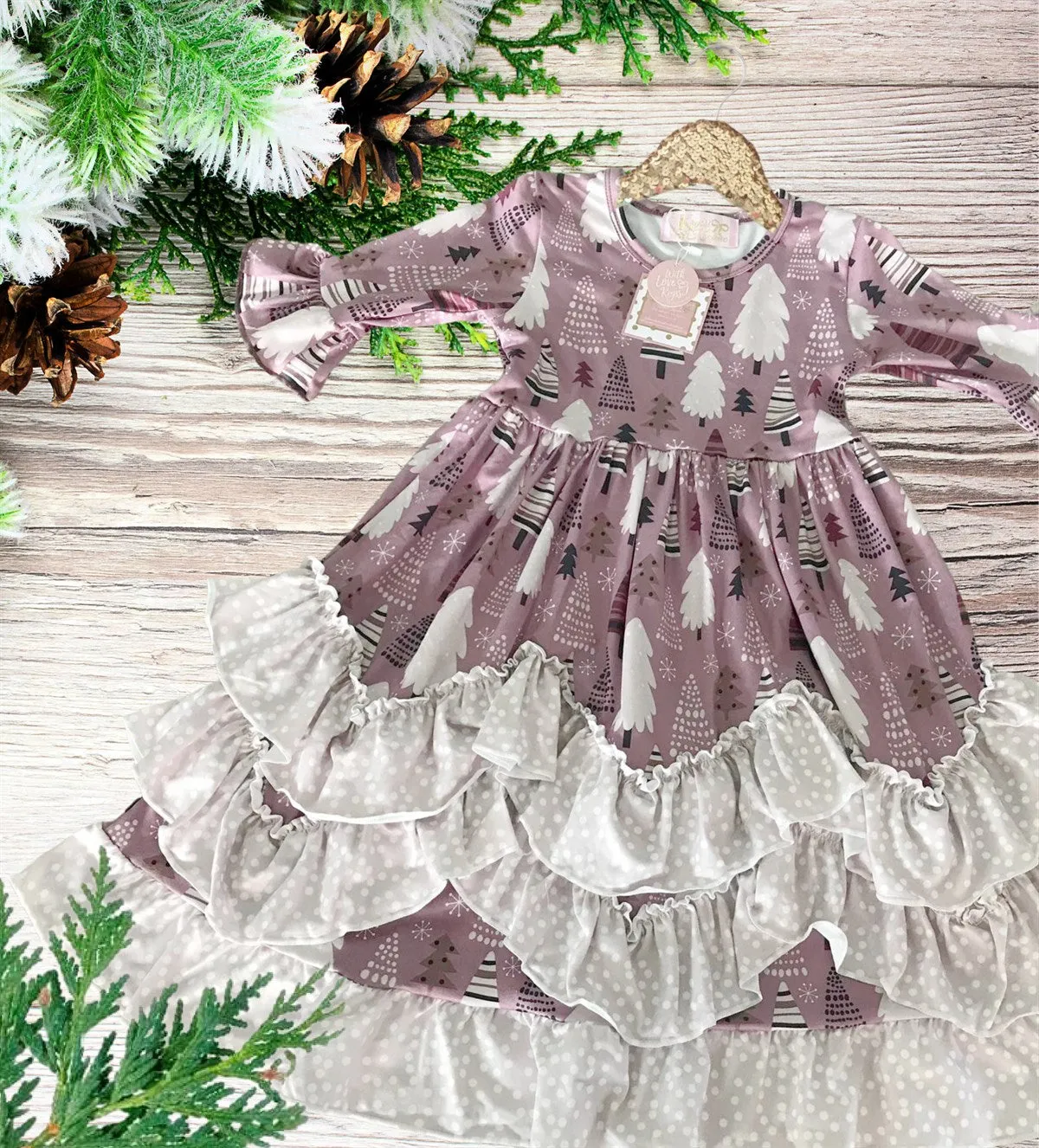 BEST SELLER - Girls Long Ruffle Holiday/Christmas  Dresses - Pink Tree