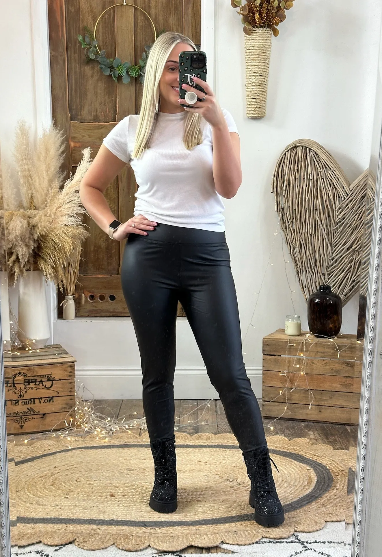 Black Leather Look High Waisted Leggings