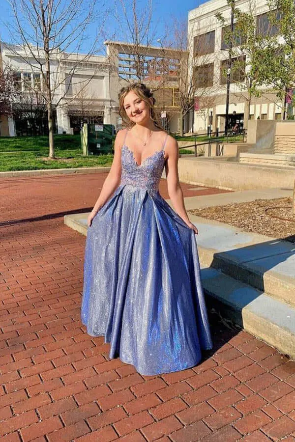 Blue A-line Beaded Long Prom Dresses,Lace Appliqued Evening Gown,formal dresses