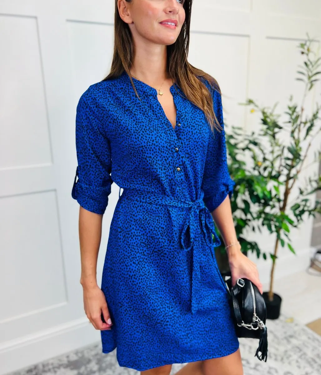 Blue Dotty Print Belted Shirt Dress