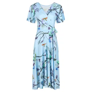 Blue Floral Bird Print Cap Sleeve V Neck Wrap Top Swing Dress