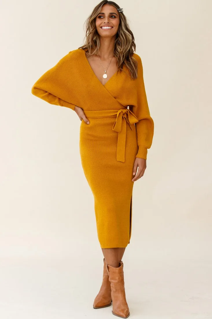 Cameo Batwing Knit Midi Dress Mustard