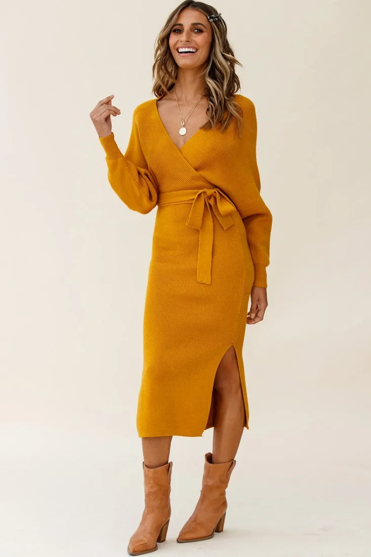 Cameo Batwing Knit Midi Dress Mustard