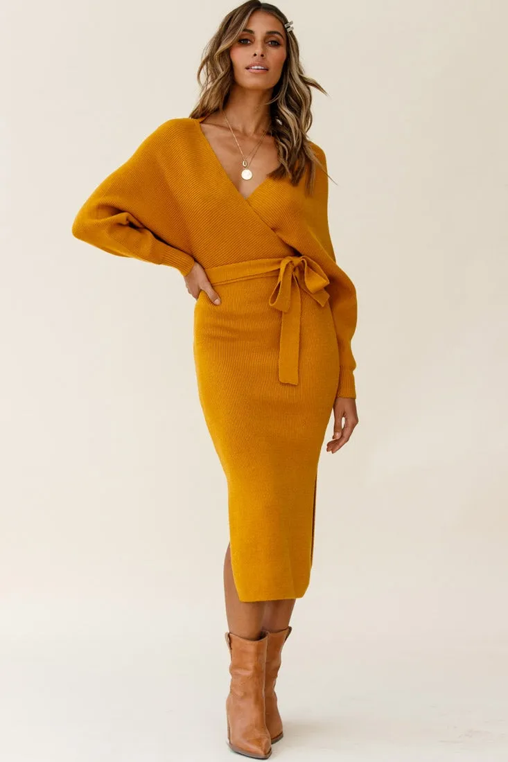 Cameo Batwing Knit Midi Dress Mustard