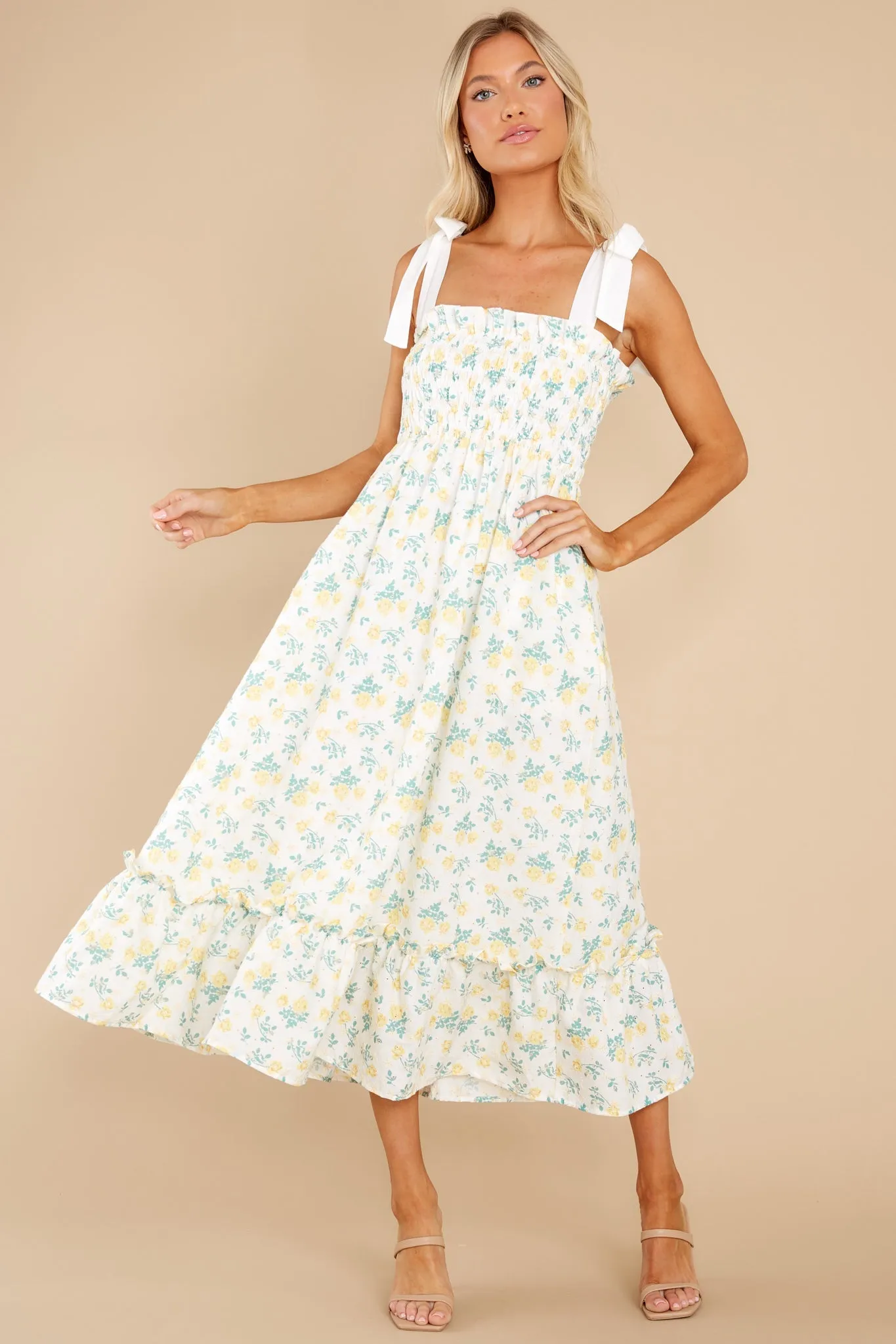 Camera Shy Yellow Floral Print Cotton Midi Dress