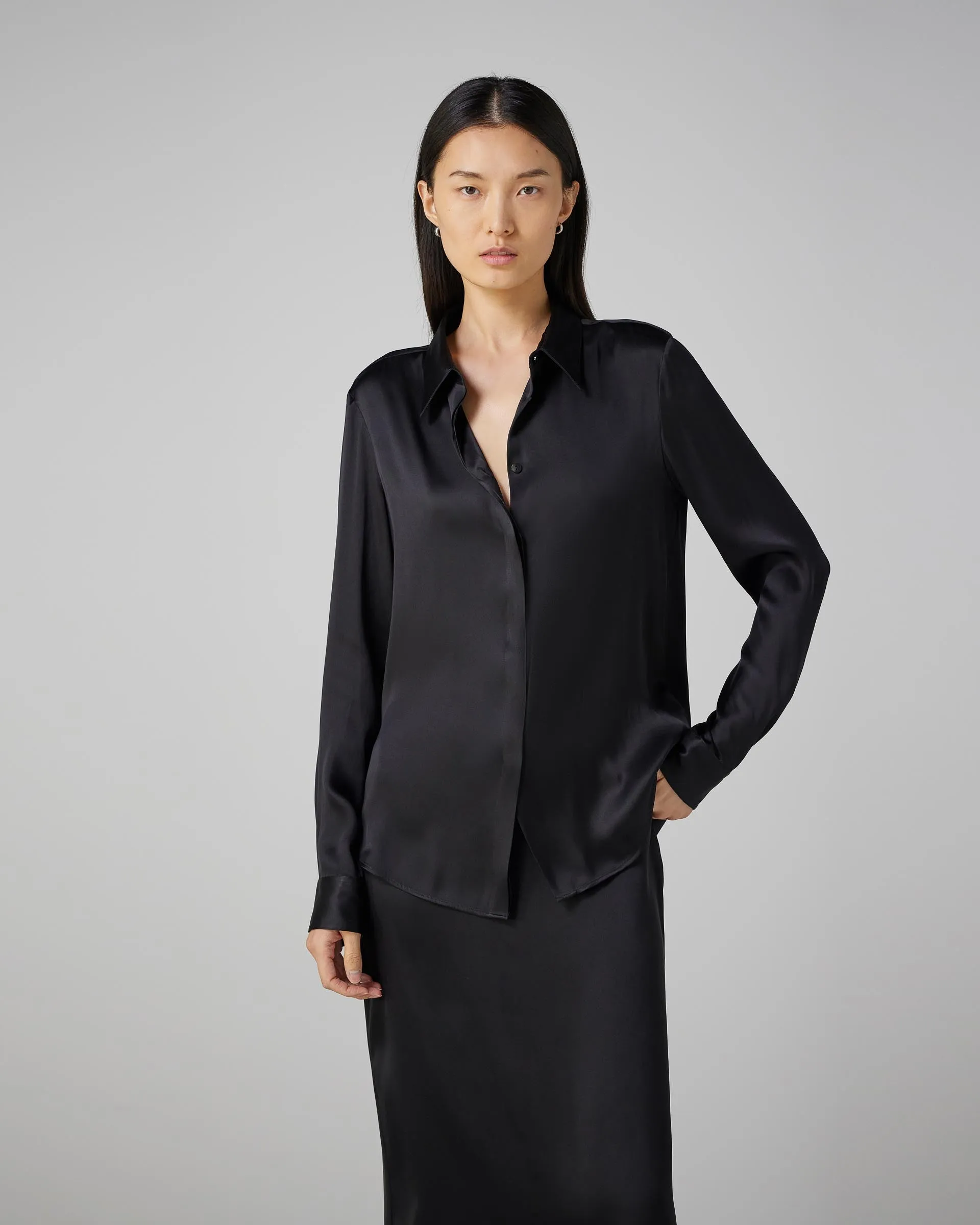 Camille Shirt in Washed Silk, Black