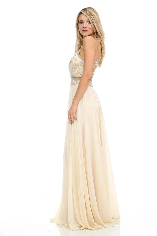 Champagne Gold Sheer Illusion Halter Razor Embellish Prom Dress