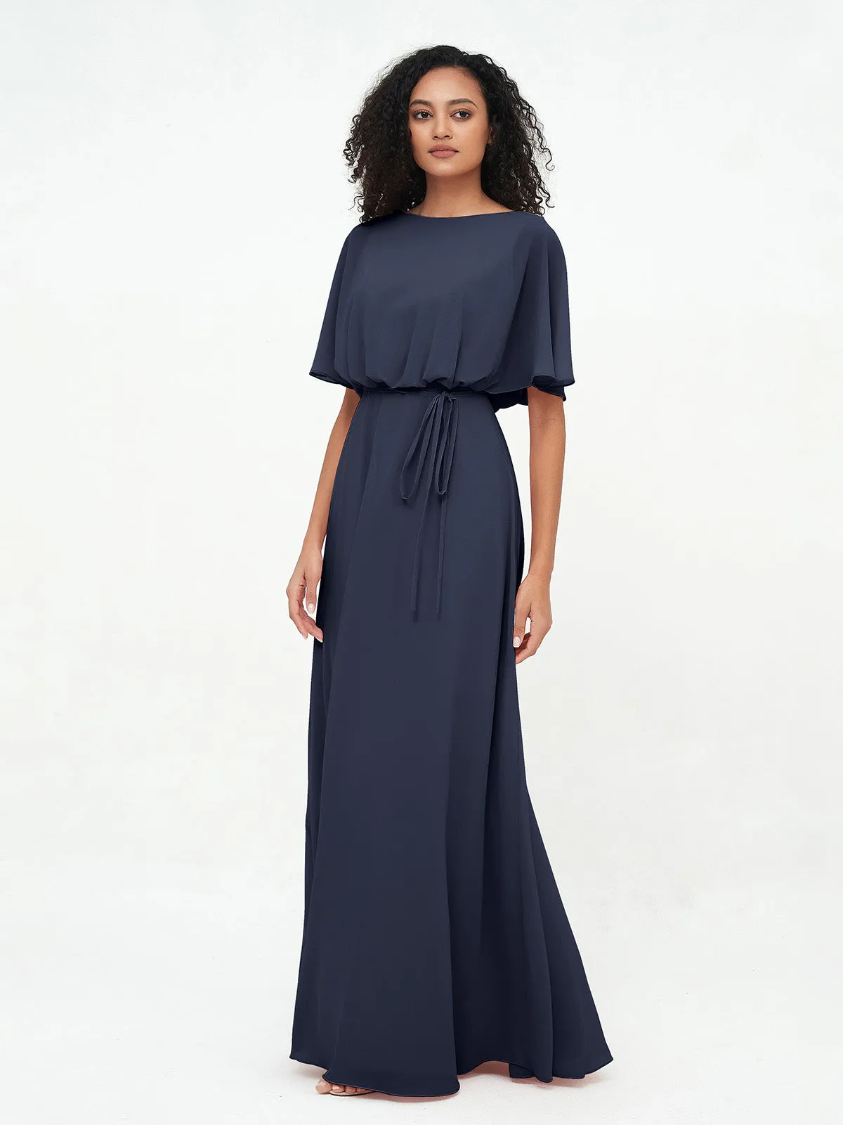 Chiffon Full Length Bridesmaid Dresses with Wrap Dark Navy Plus Size