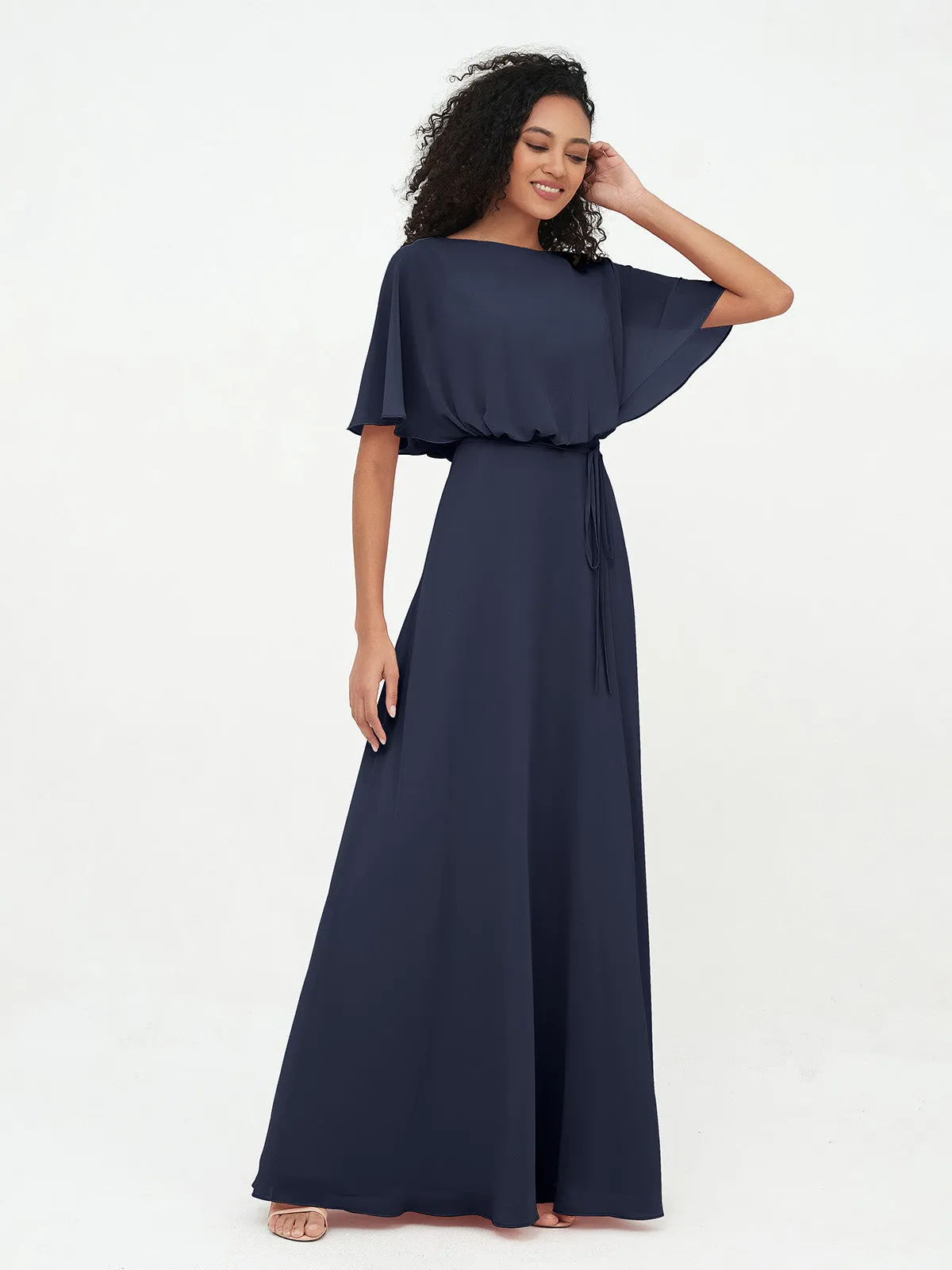 Chiffon Full Length Bridesmaid Dresses with Wrap Dark Navy Plus Size