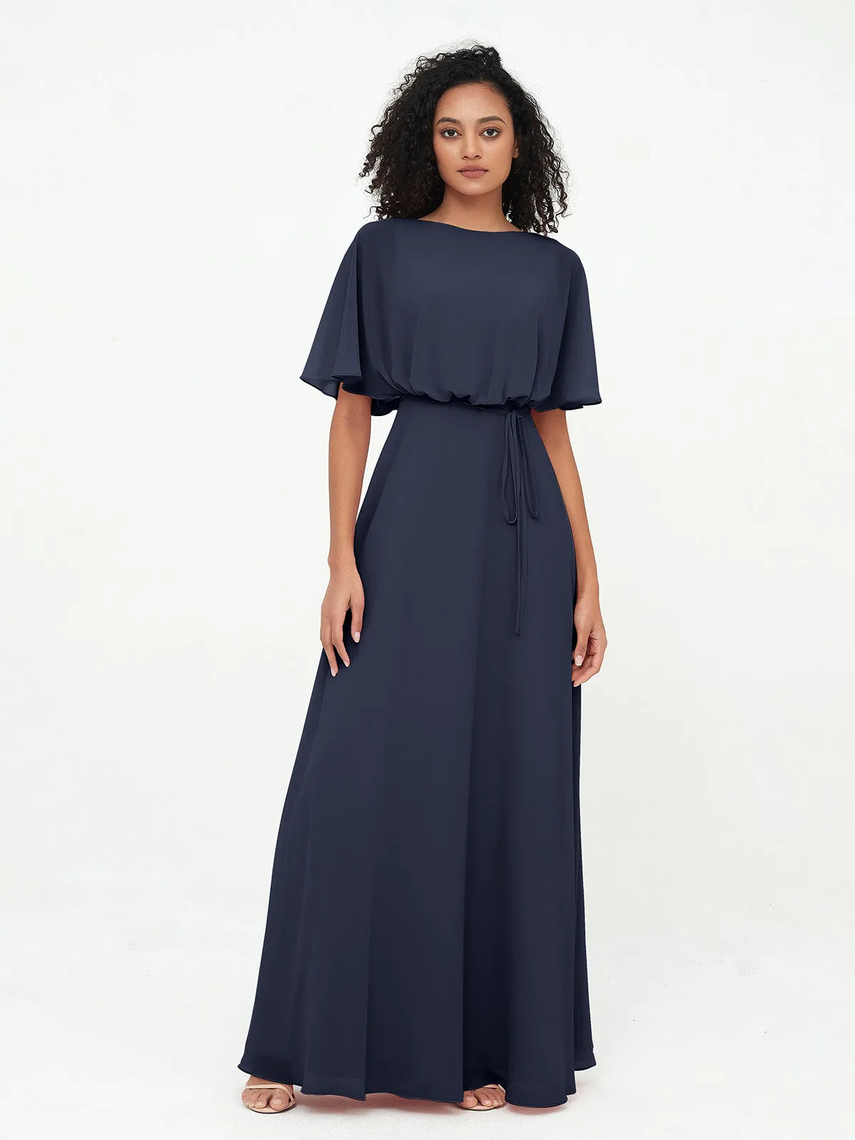 Chiffon Full Length Bridesmaid Dresses with Wrap Dark Navy Plus Size