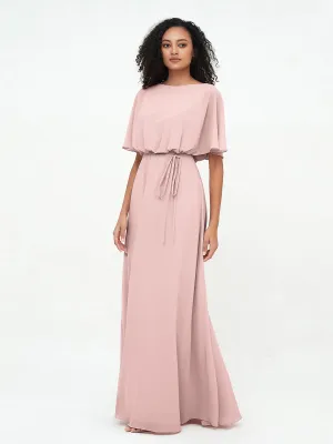 Chiffon Full Length Bridesmaid Dresses with Wrap Dusty Rose