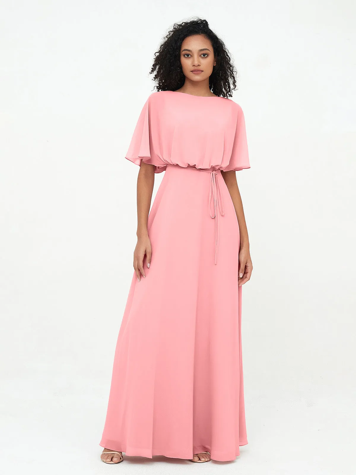 Chiffon Full Length Bridesmaid Dresses with Wrap Flamingo