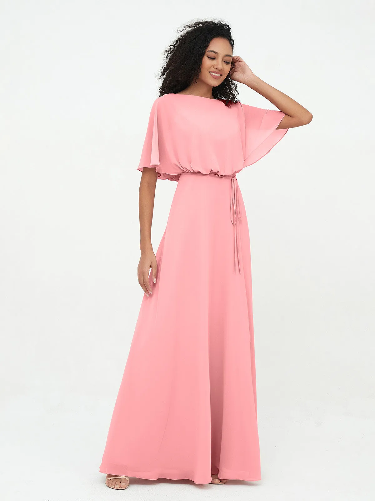 Chiffon Full Length Bridesmaid Dresses with Wrap Flamingo