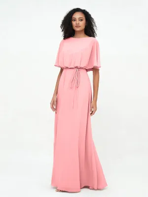 Chiffon Full Length Bridesmaid Dresses with Wrap Flamingo