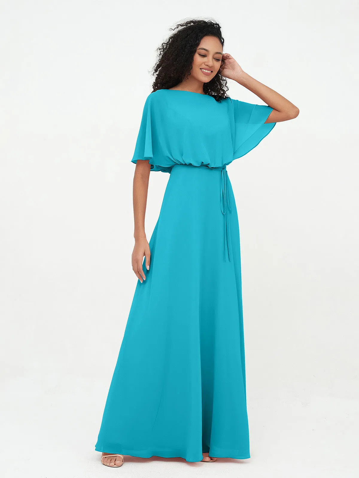 Chiffon Full Length Bridesmaid Dresses with Wrap Jade