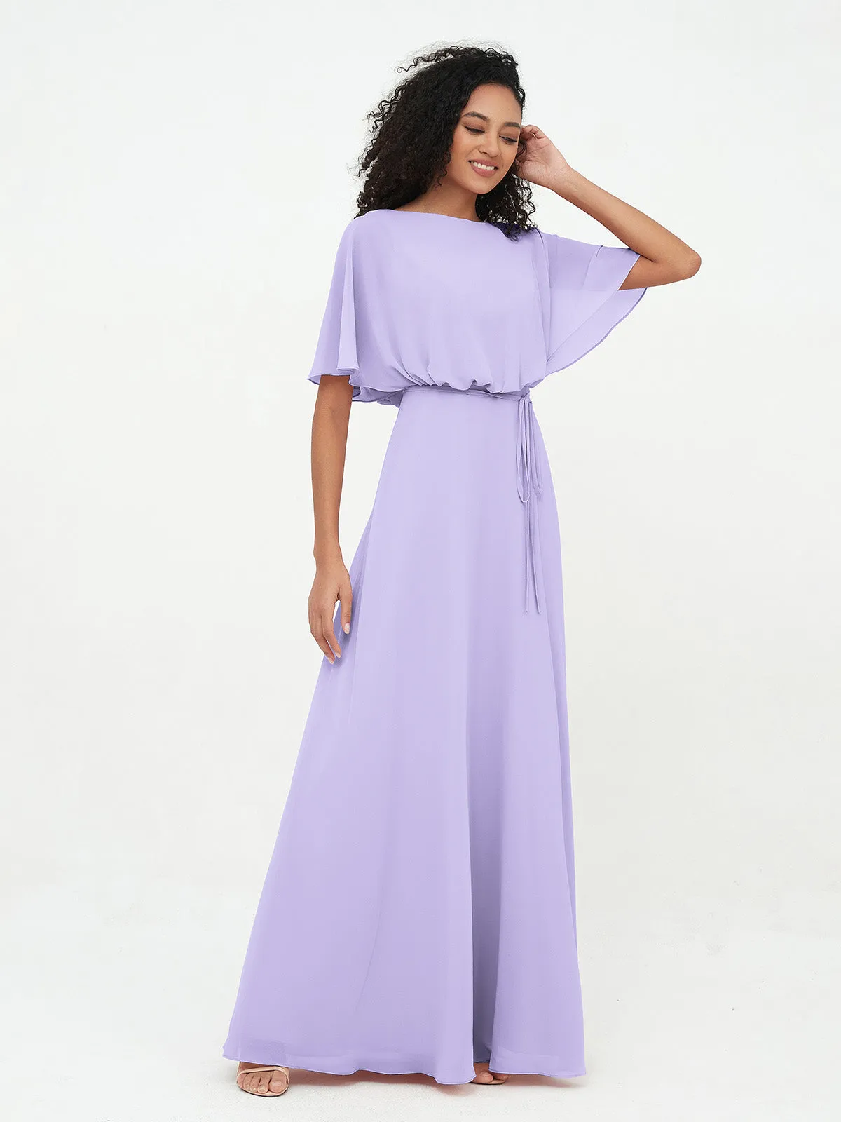 Chiffon Full Length Bridesmaid Dresses with Wrap Lilac Plus Size