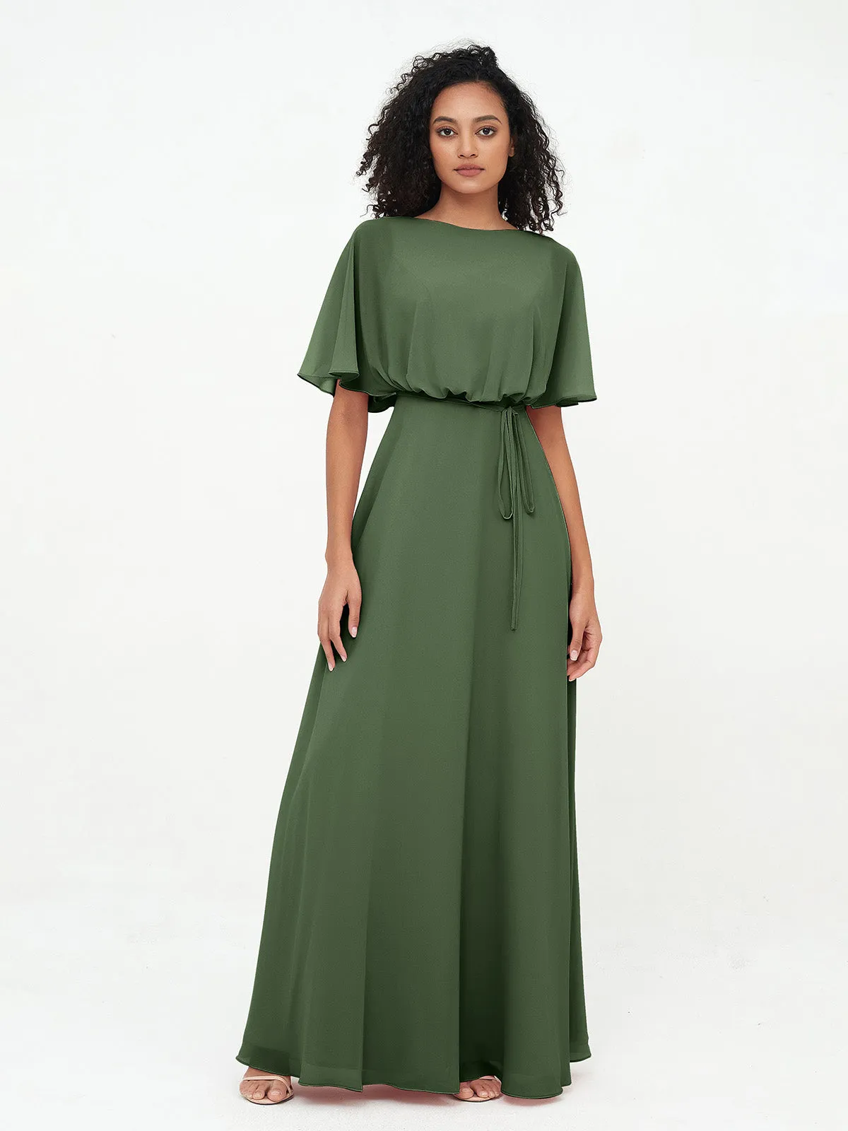 Chiffon Full Length Bridesmaid Dresses with Wrap Olive Green