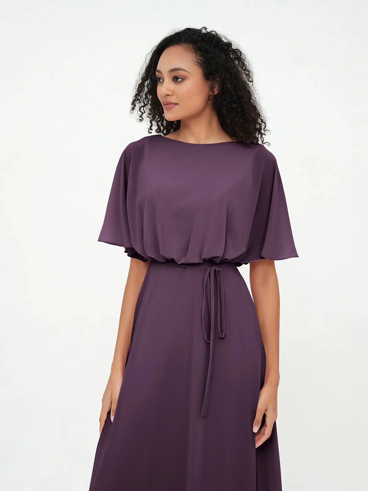 Chiffon Full Length Bridesmaid Dresses with Wrap Plum Plus Size