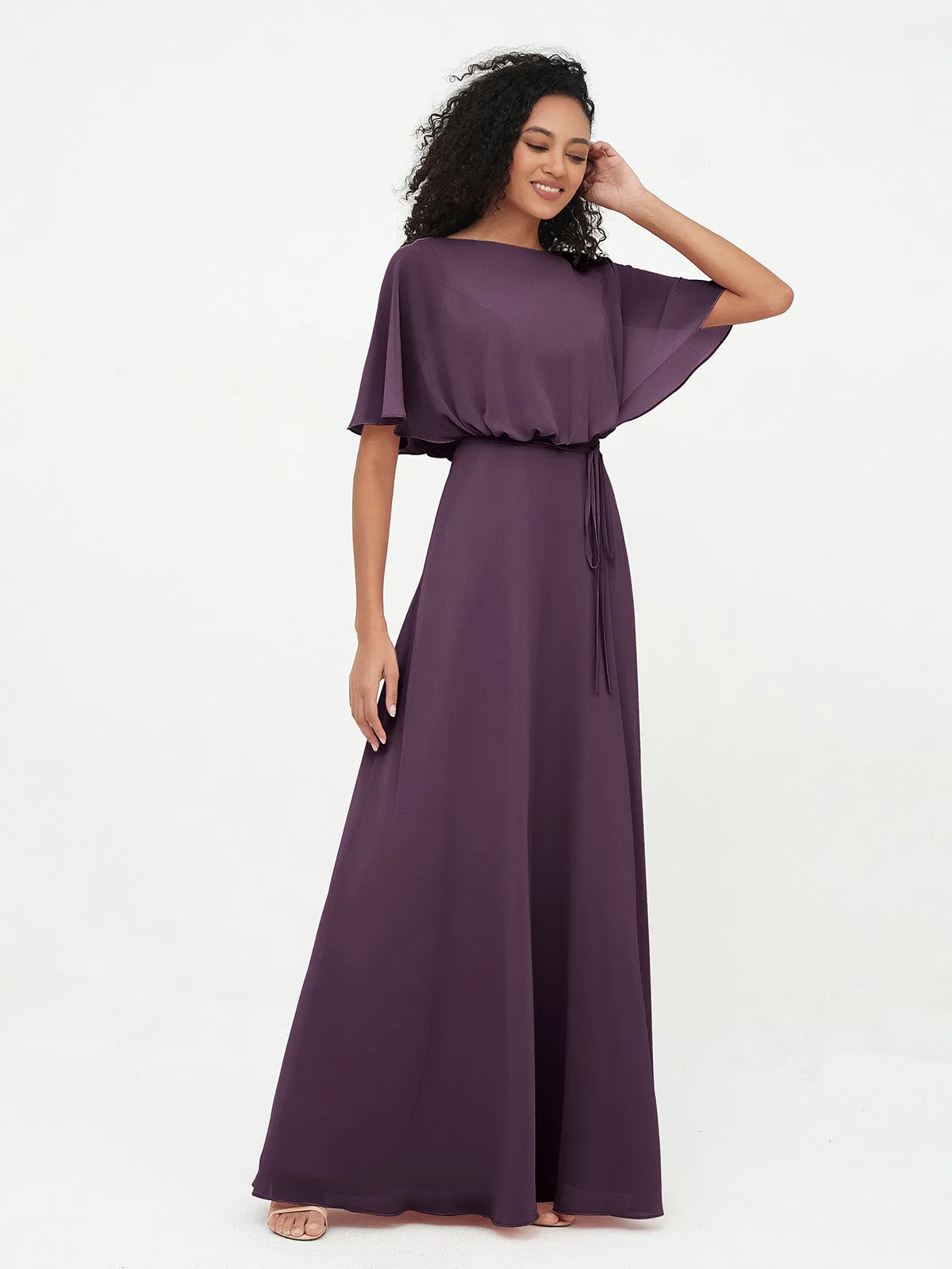 Chiffon Full Length Bridesmaid Dresses with Wrap Plum Plus Size