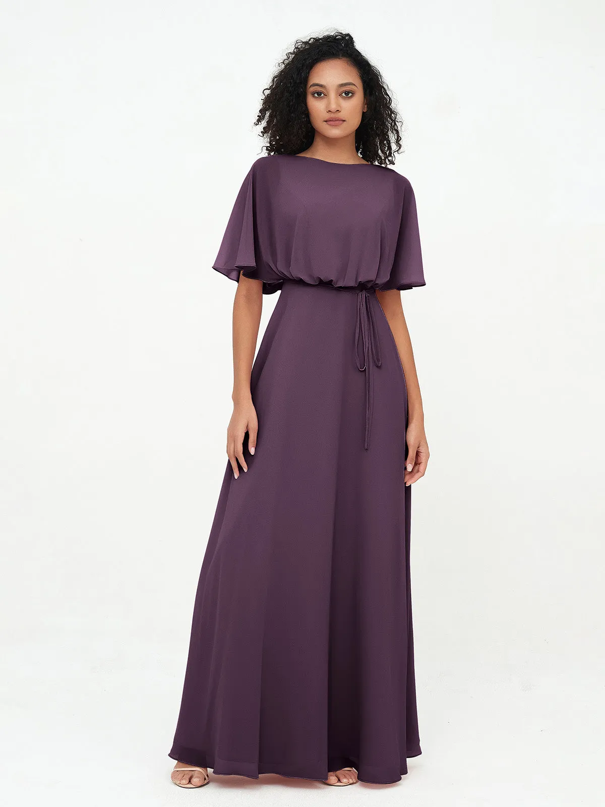 Chiffon Full Length Bridesmaid Dresses with Wrap Plum Plus Size