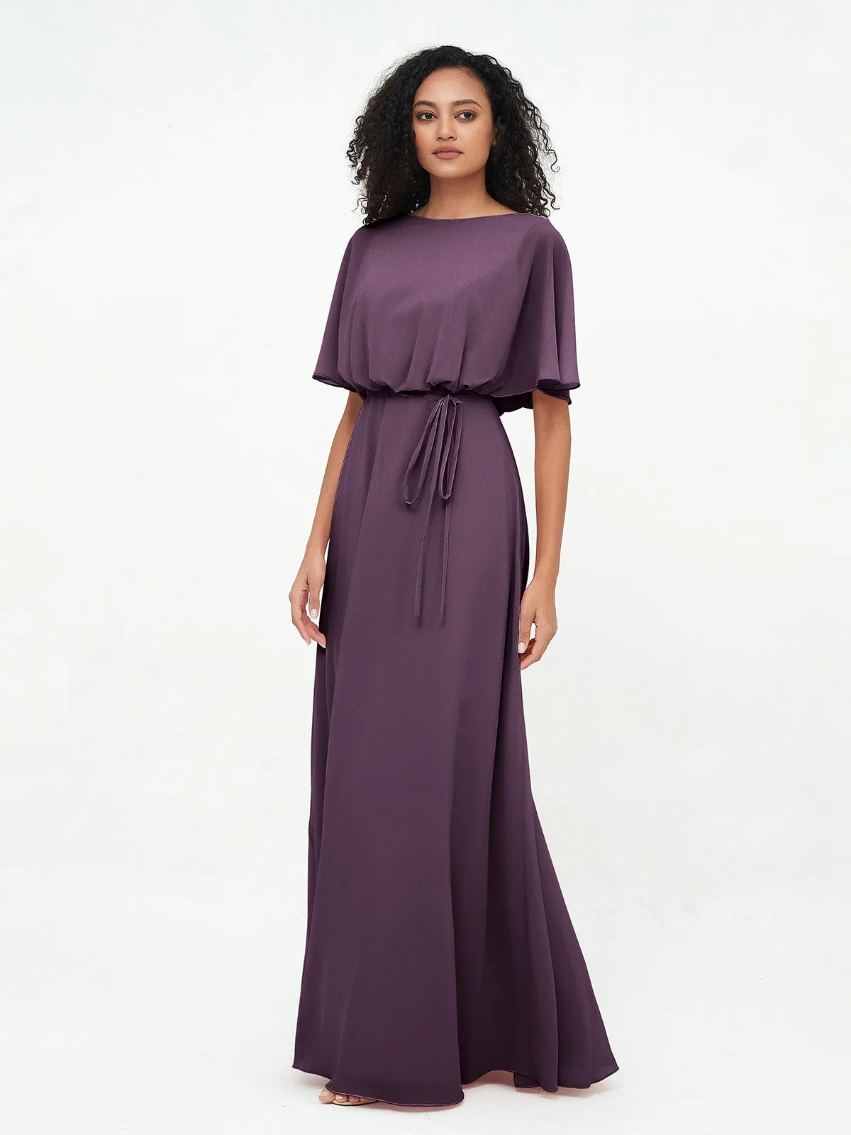 Chiffon Full Length Bridesmaid Dresses with Wrap Plum Plus Size