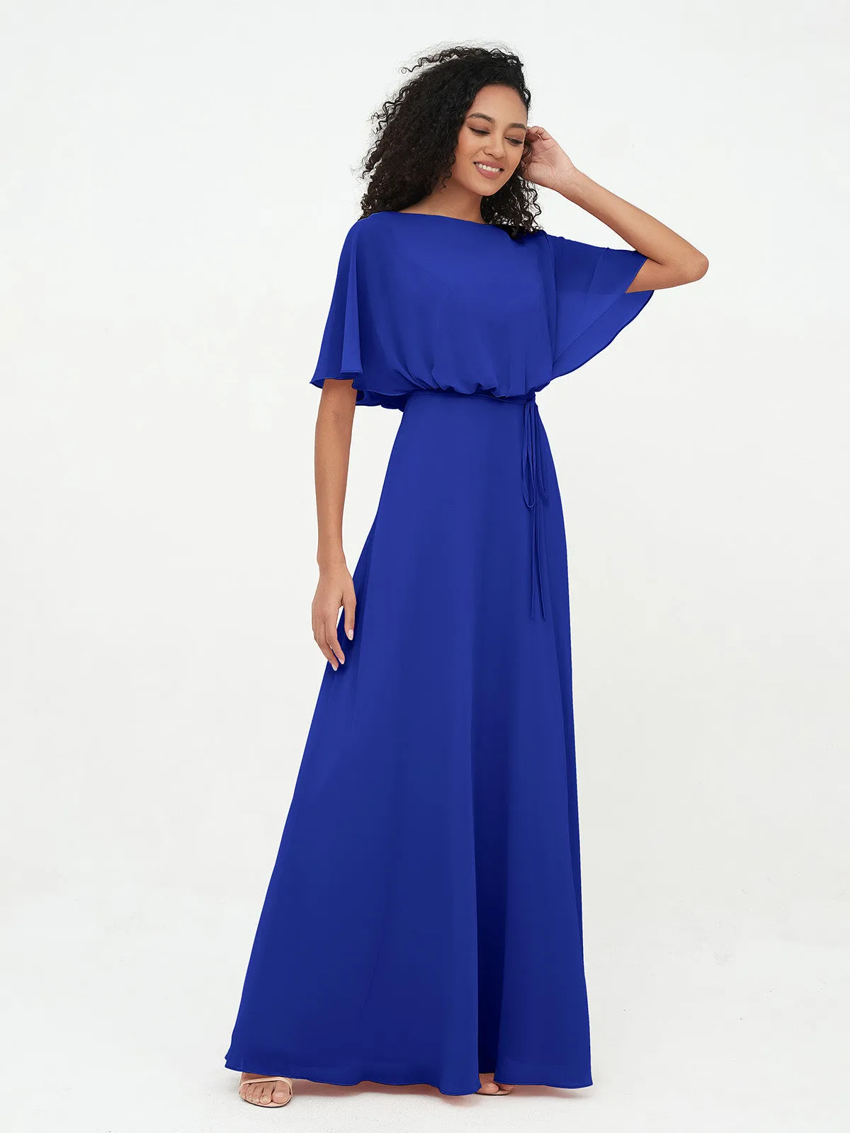 Chiffon Full Length Bridesmaid Dresses with Wrap Royal Blue