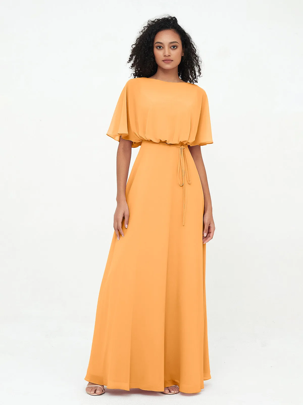 Chiffon Full Length Bridesmaid Dresses with Wrap Tangerine Plus Size