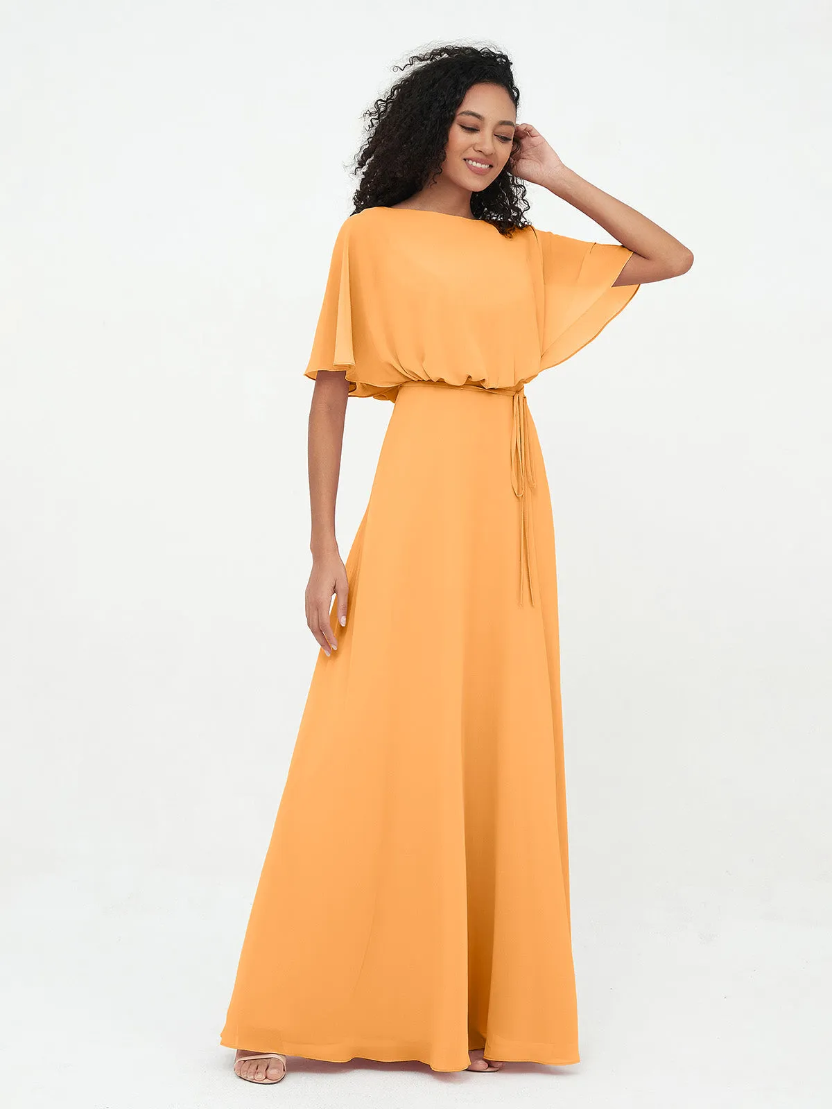 Chiffon Full Length Bridesmaid Dresses with Wrap Tangerine Plus Size