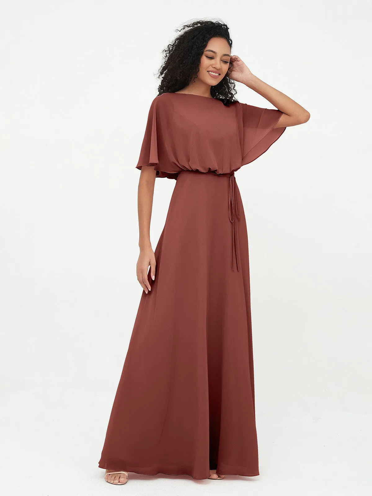 Chiffon Full Length Bridesmaid Dresses with Wrap Terracotta