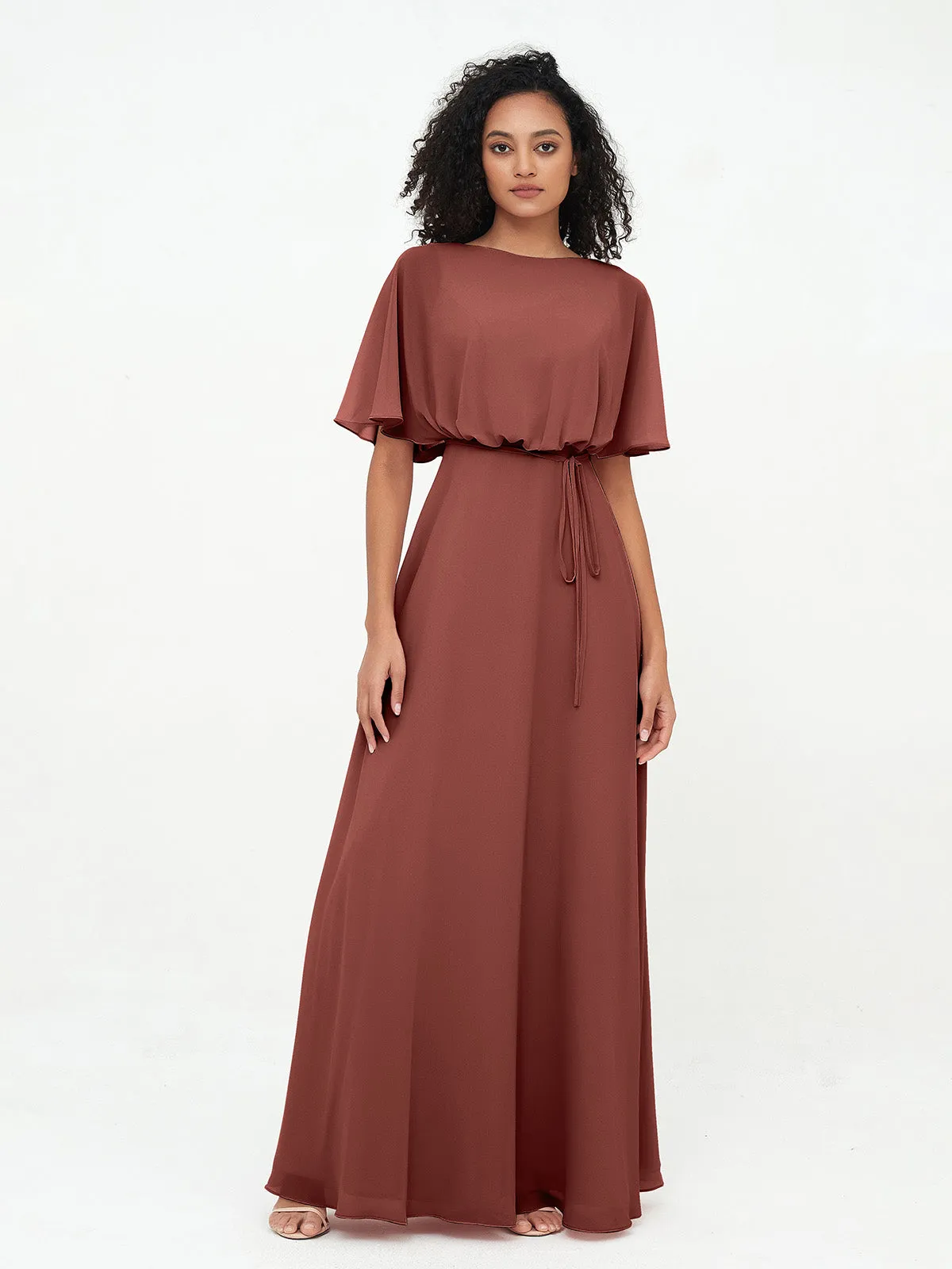 Chiffon Full Length Bridesmaid Dresses with Wrap Terracotta