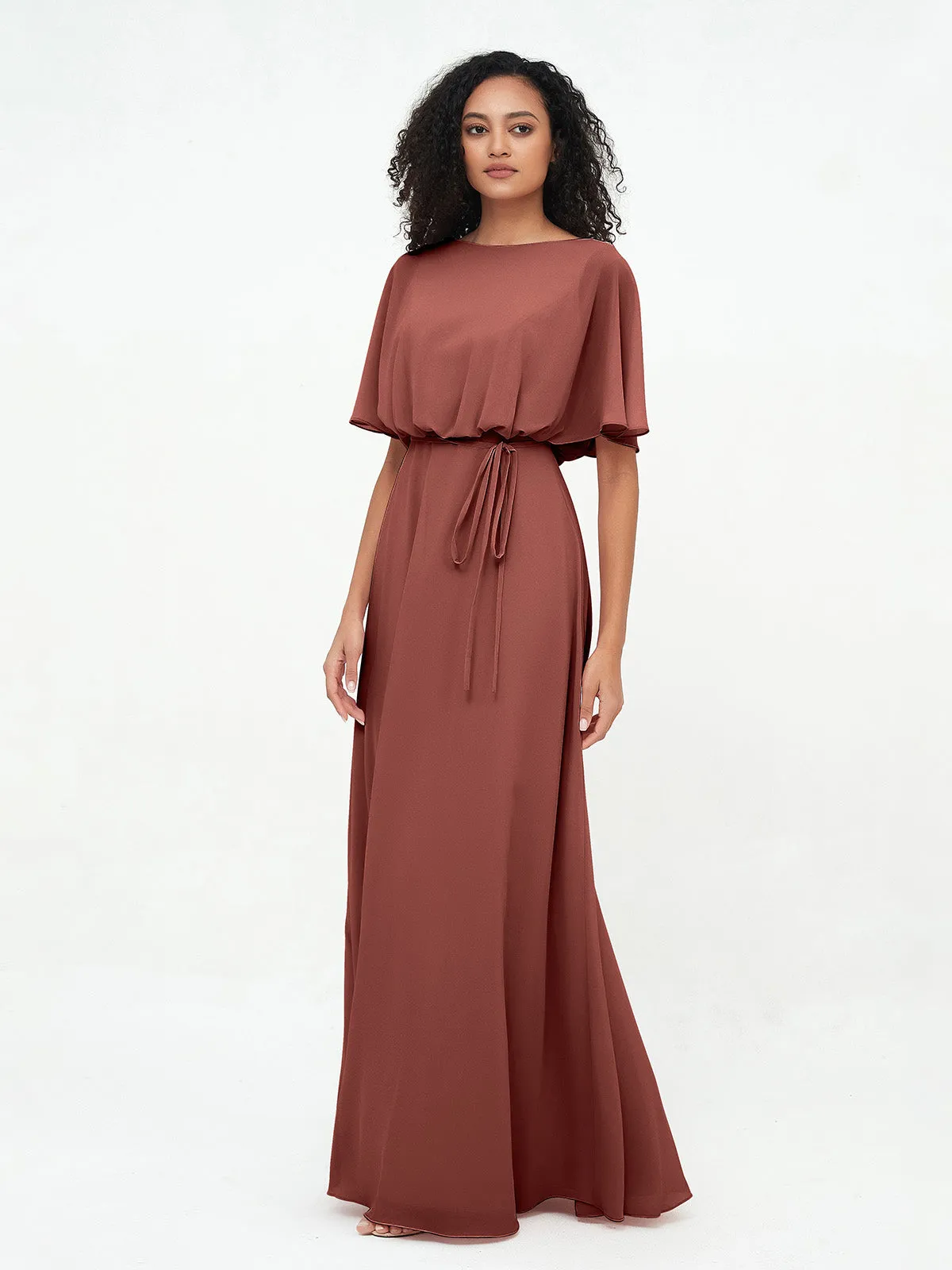 Chiffon Full Length Bridesmaid Dresses with Wrap Terracotta