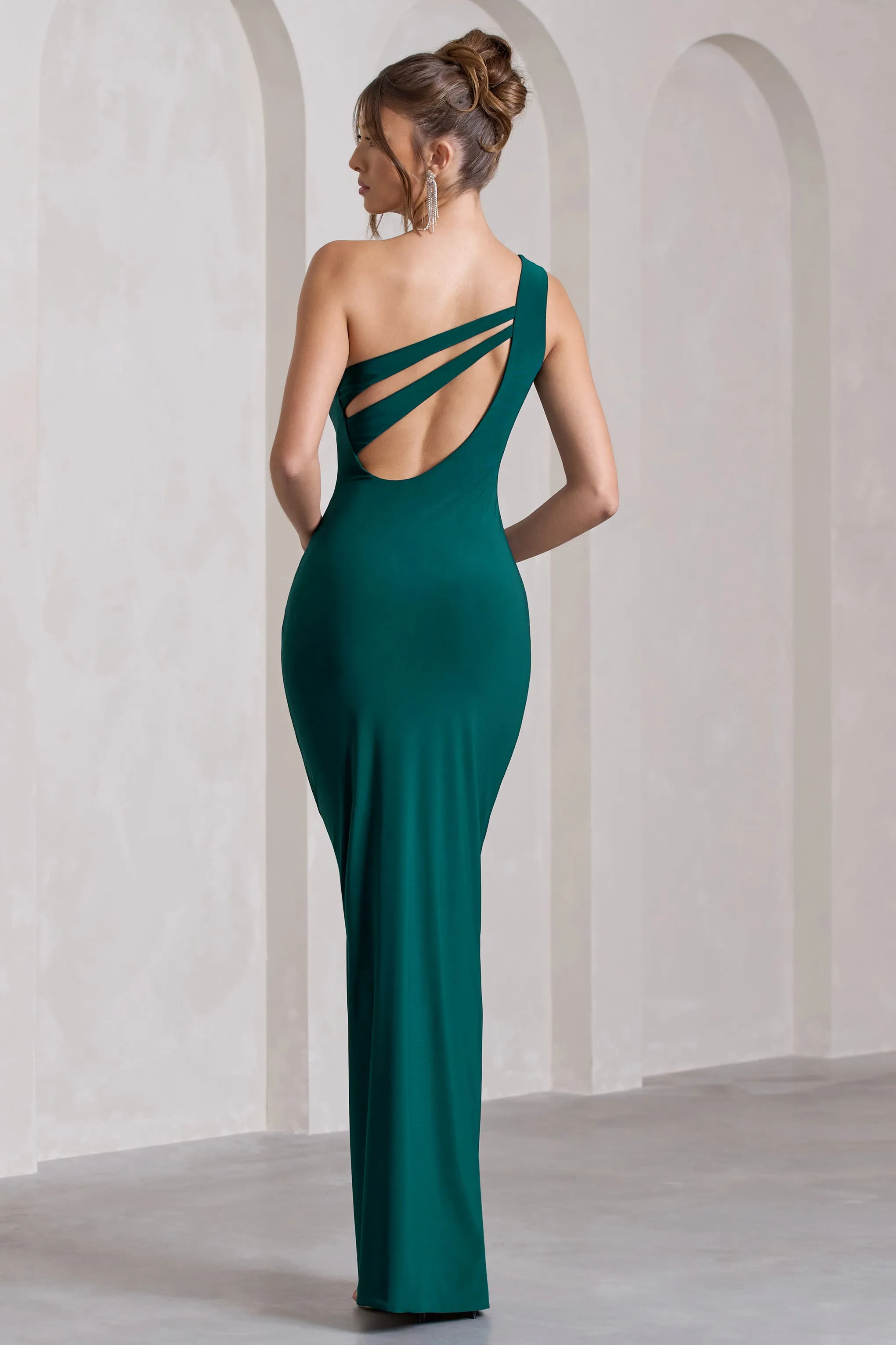 Coralina | Bottle Green One Shoulder Open-Back Split Maxi Dress