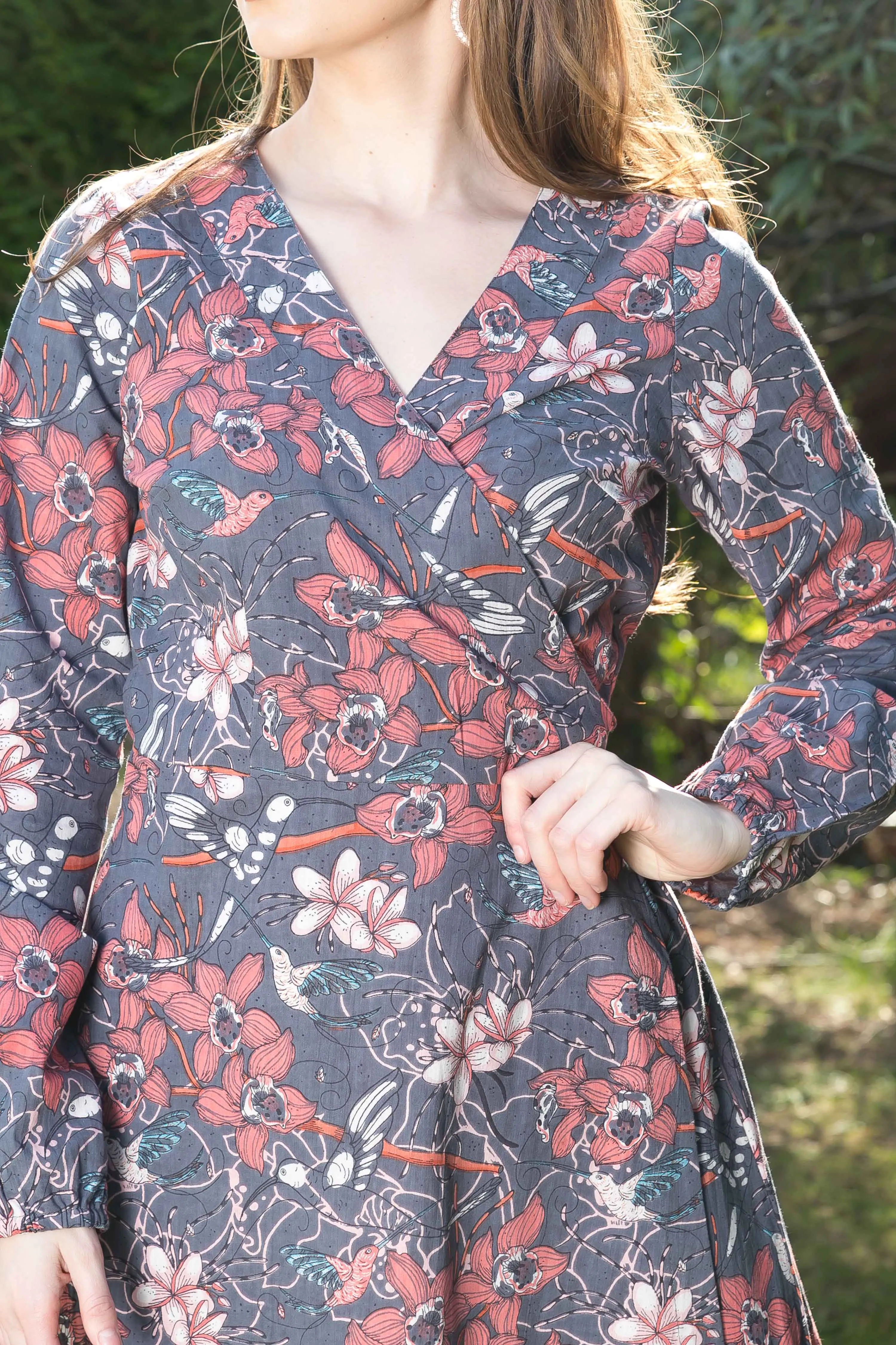 Cotton Dress Long Sleeve Grey Pink Hummingbird Print