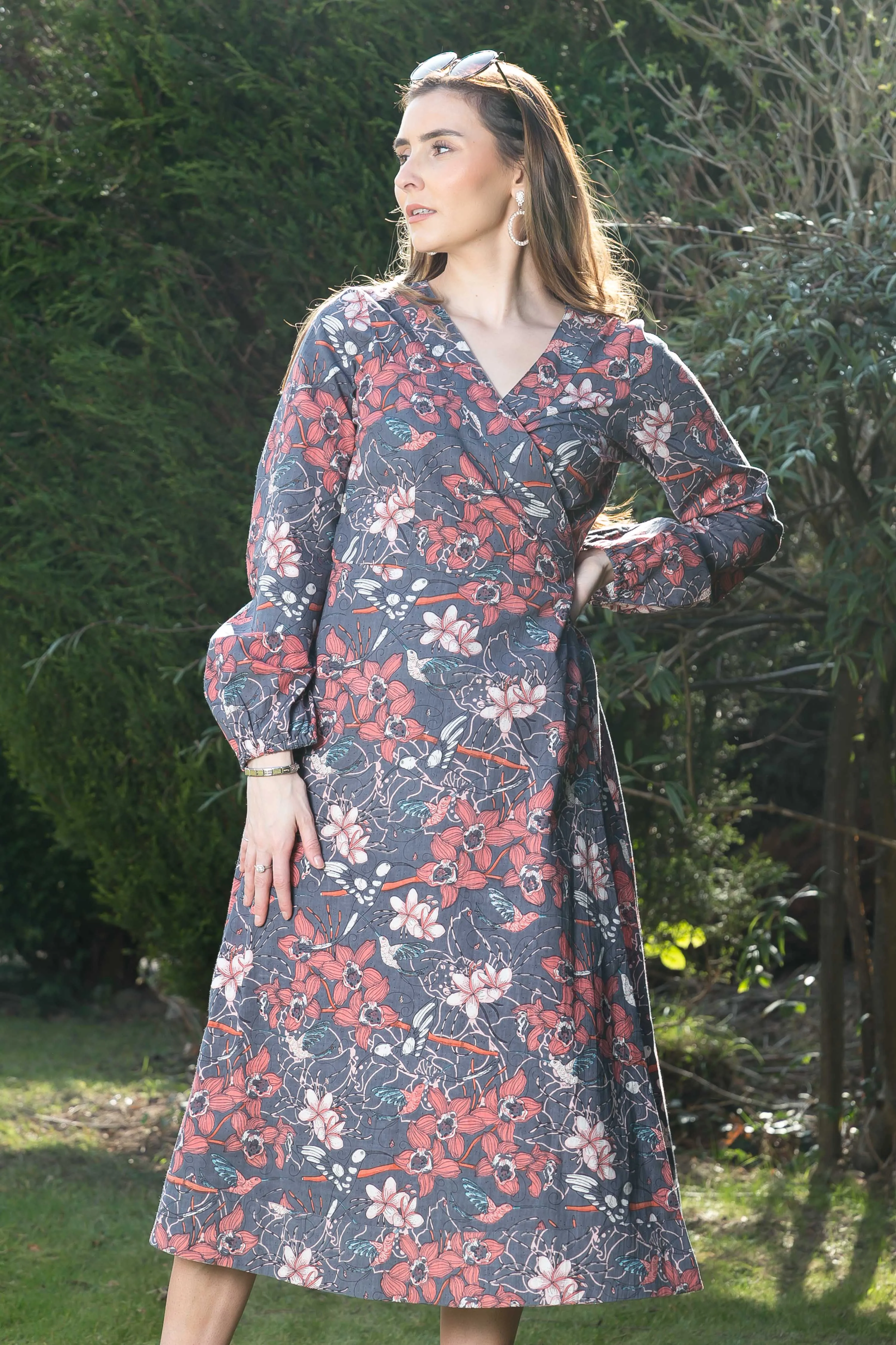 Cotton Dress Long Sleeve Grey Pink Hummingbird Print