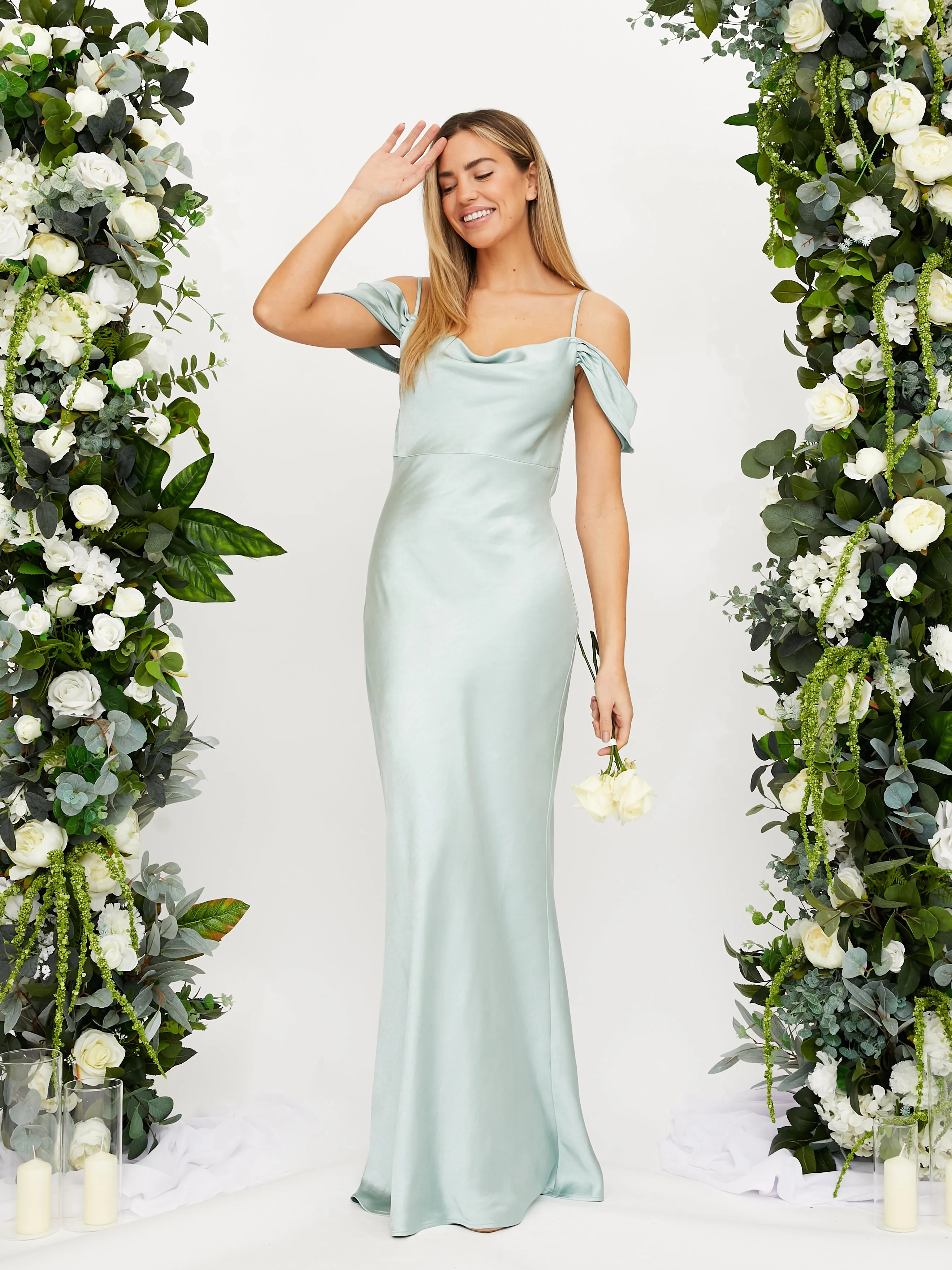 Cowl Neck Maxi Satin Dress / Sage