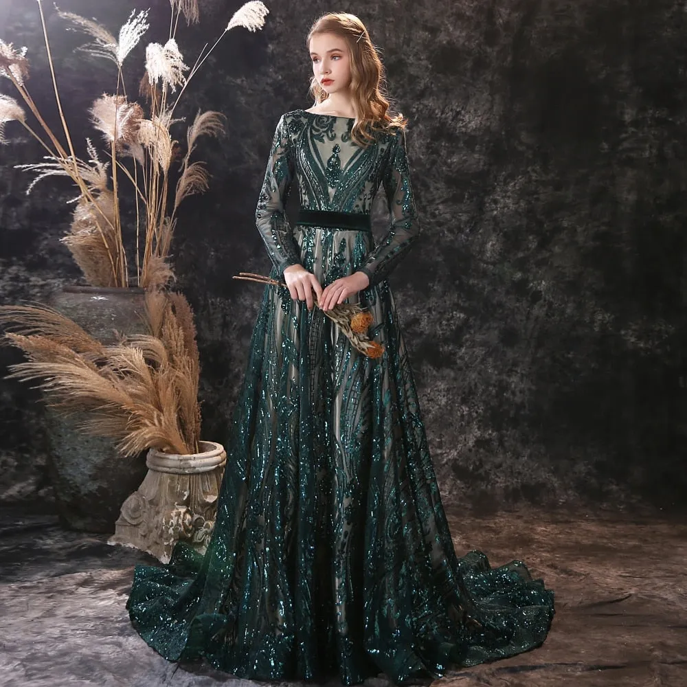 DEANWANGKT    Long Evening Dresses  Elegant Muslim Mermaid Long Sleeve Sequined Hunter Green Prom Party Formal Gown