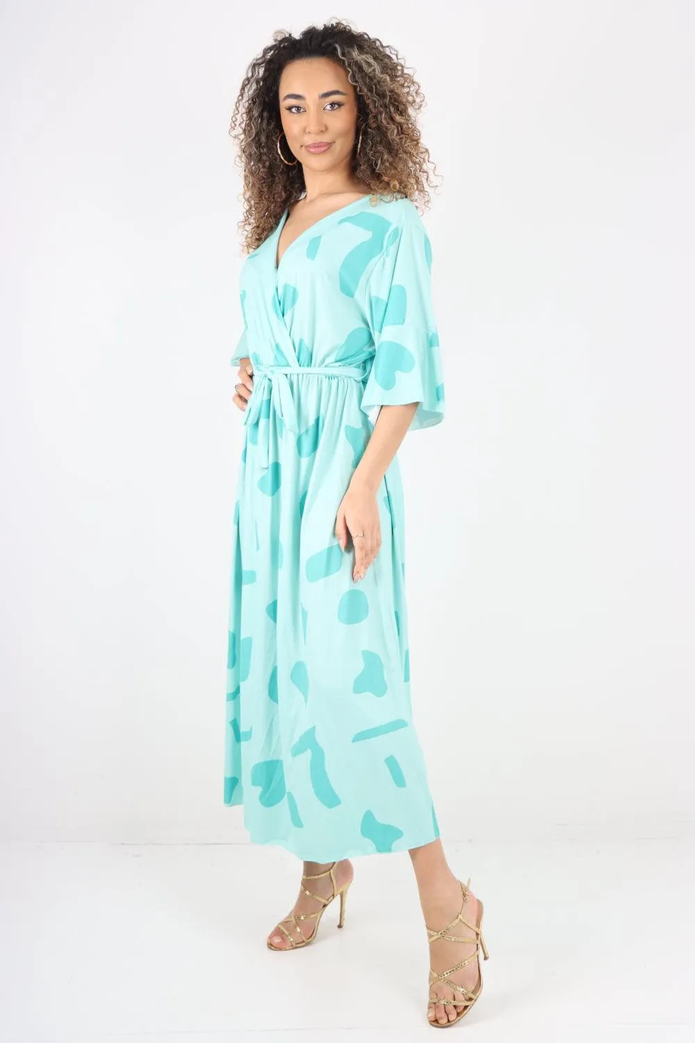 Elasticated Waist Tie Printed Polka Dot Wrap Over Maxi Dress